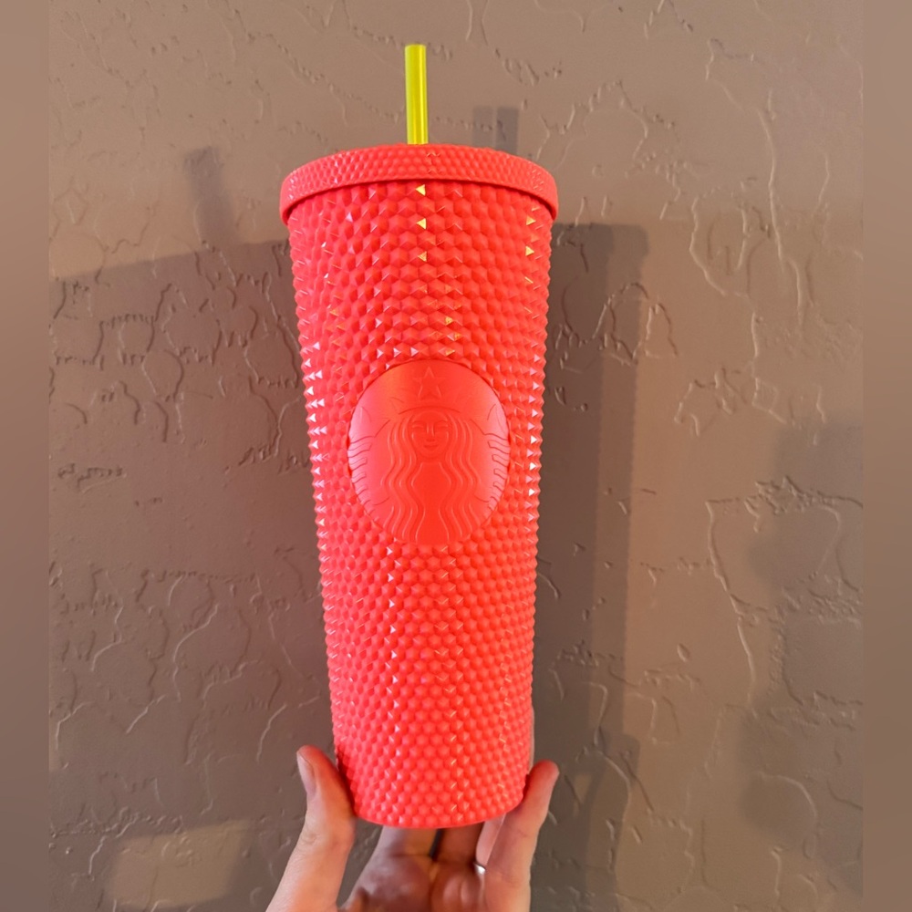 Starbucks Textured Tumbler with Straw Coral Pink Yellow Straw 24oz